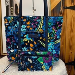 Vera Bradley Navy Floral Quilted Tote with Matching Zip Wallet